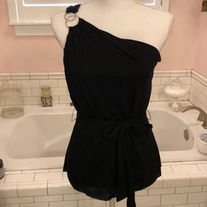 Velvet black off shoulder crystal embellished top, waist tie, size M